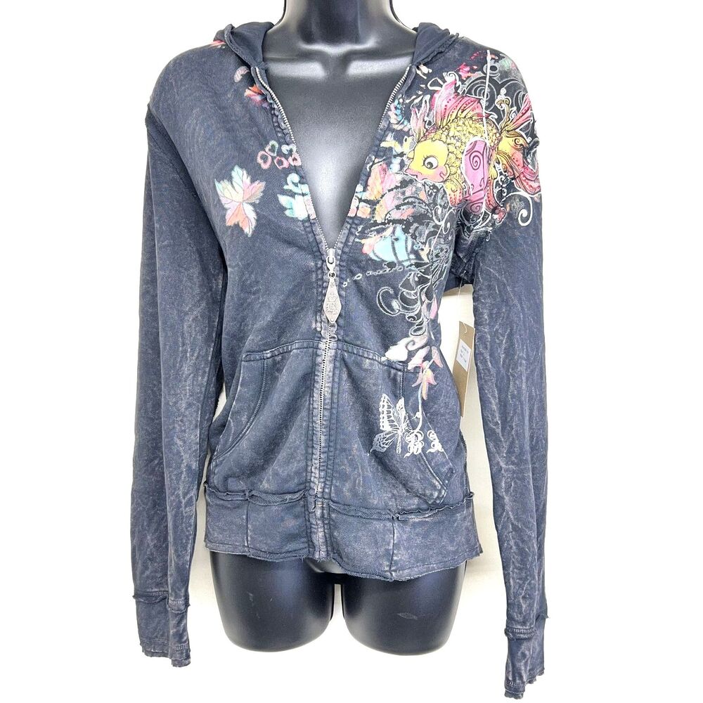Brad Butter Y2K Goldfish Heart Graphic Zip Hoodie NWT L Acid Wash Fairy Tattoo